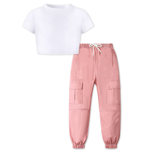 Betusline Cute Clothes for Women Short Sleeve White Crop Tops Tee Shirts + Pink Cargo Jogger Pants Outfits 2pcs Clothes Set,XL