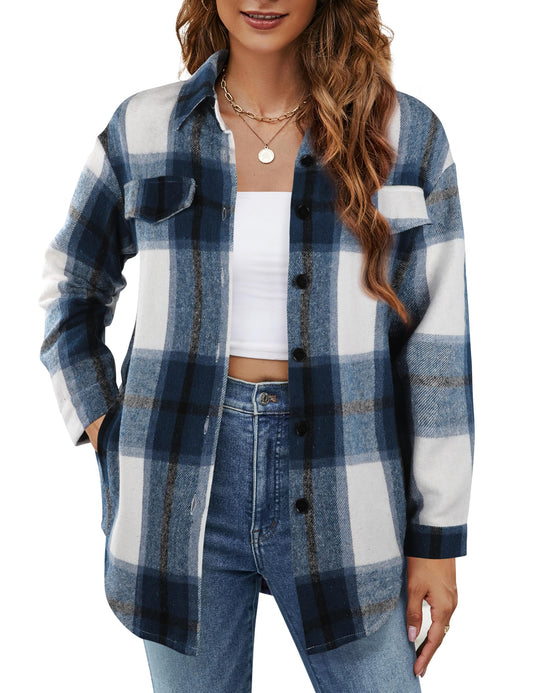 Blooming Jelly Flannel Shirts for Women Long Sleeve Plaid Shirt Shacket Jackets Fall Clothes 2024 (Large Blue)